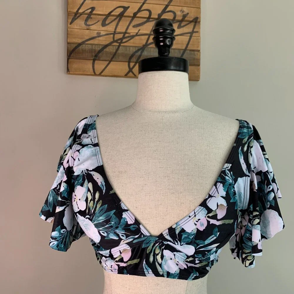 Ruffled Bikini Top Sexy Flounce Swimwear Women Swimsuit Floral V-neck Top Size L